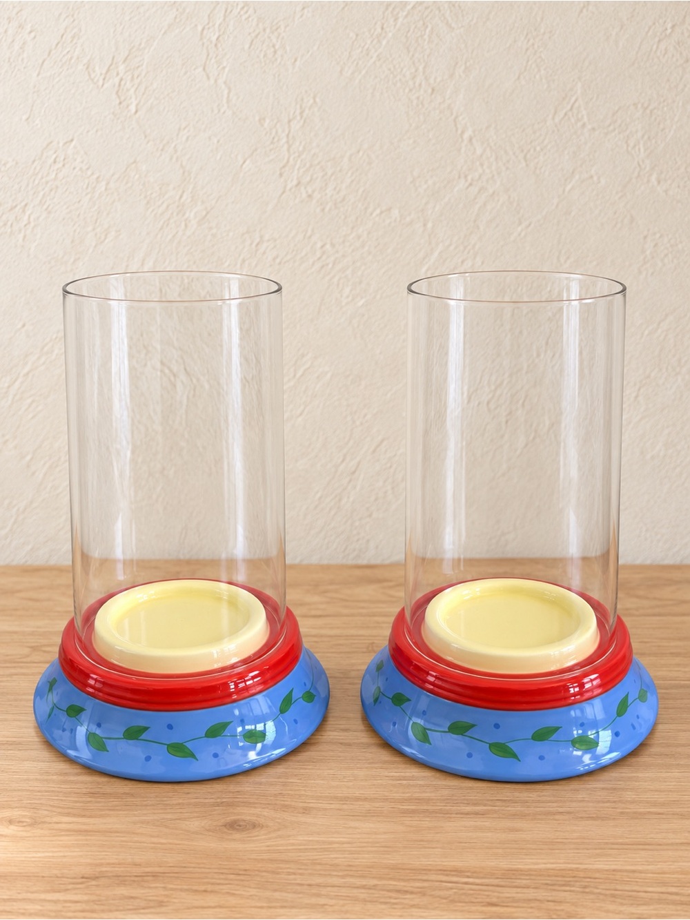 Decorative Blue Glass Hurricane Candle Holders with Red Trim (Pair)